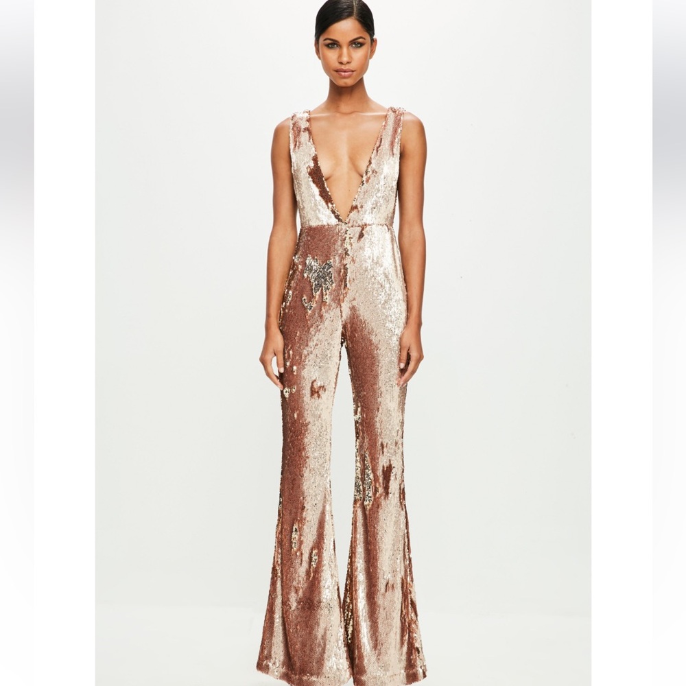 Plunging Sequin Jumpsuit in Rose Gold
